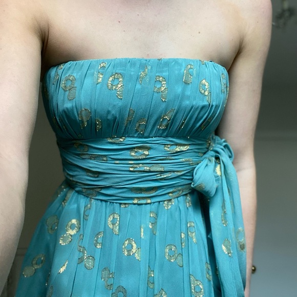 BCBG Maxazaria mini dress with bubble hem in dusty teal with gold polka dots Sz4 - Picture 2 of 6